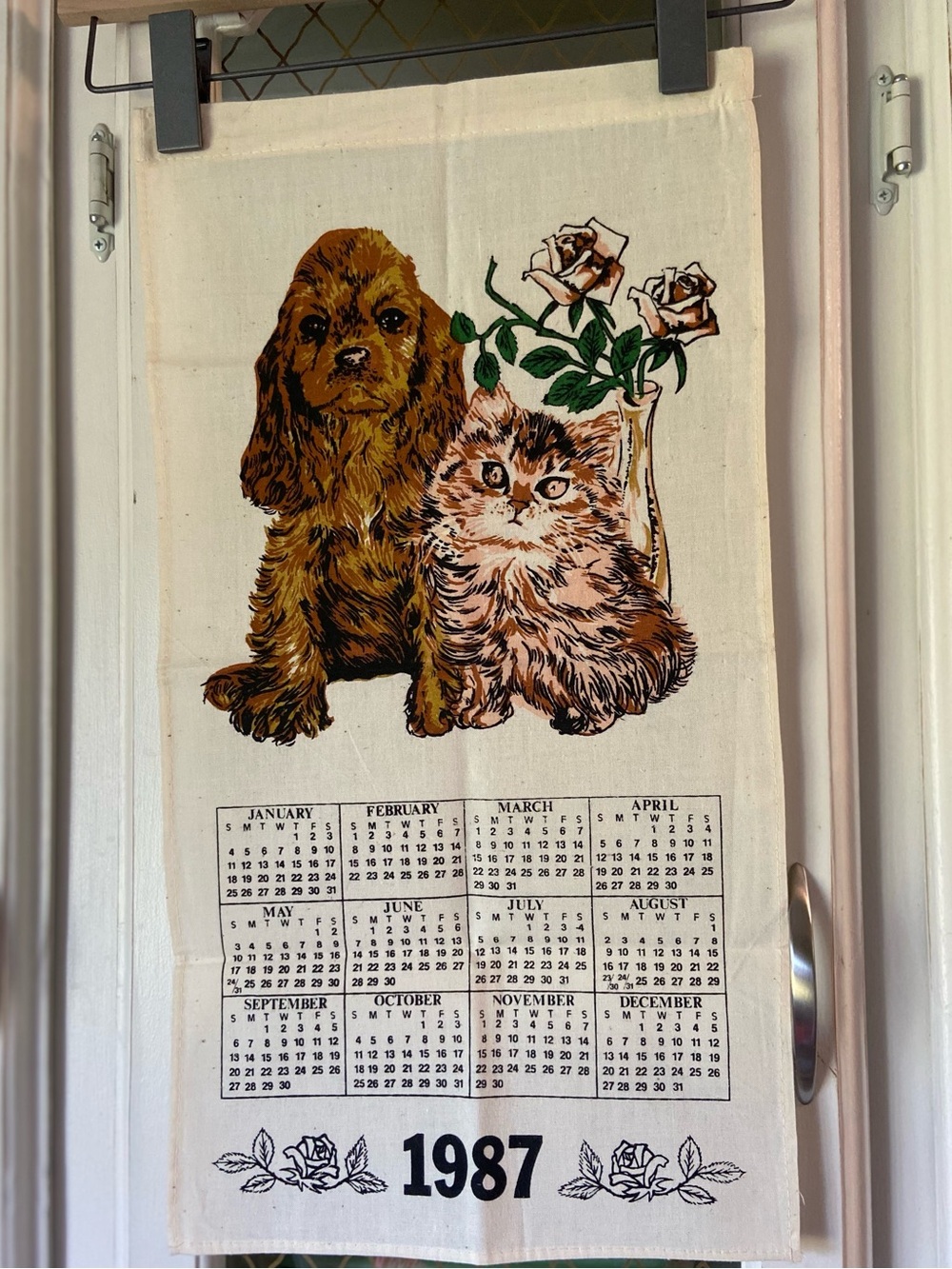 Vintage 1987 Cat & Dog Calendar Tea Towel - Cream Gallery Wall Kitchen Decor
